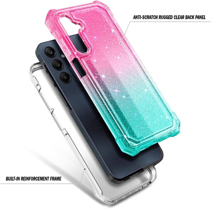 WDHD Compatible with Samsung Galaxy A15-5G Phone Case Glitter Pink/Aqua | Full-Body Protective Shockproof Bumper Cover with Tempered Glass Screen Protector, 12FT Military Grade Drop Tested - Image 3